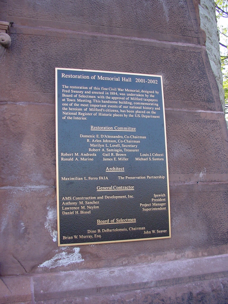 Plaque on Memorial Hall, Milford