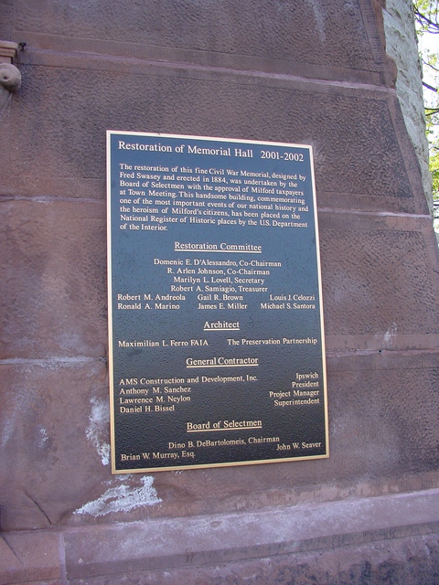 Plaque on Memorial Hall, Milford