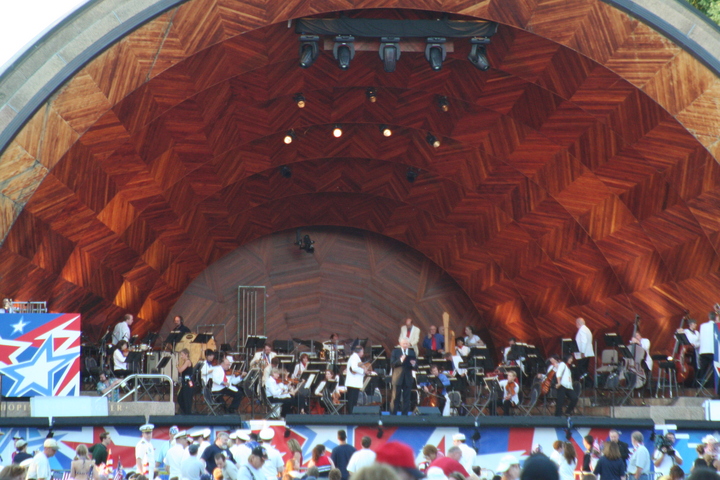 Musicians tuning up in the Hatch Shell